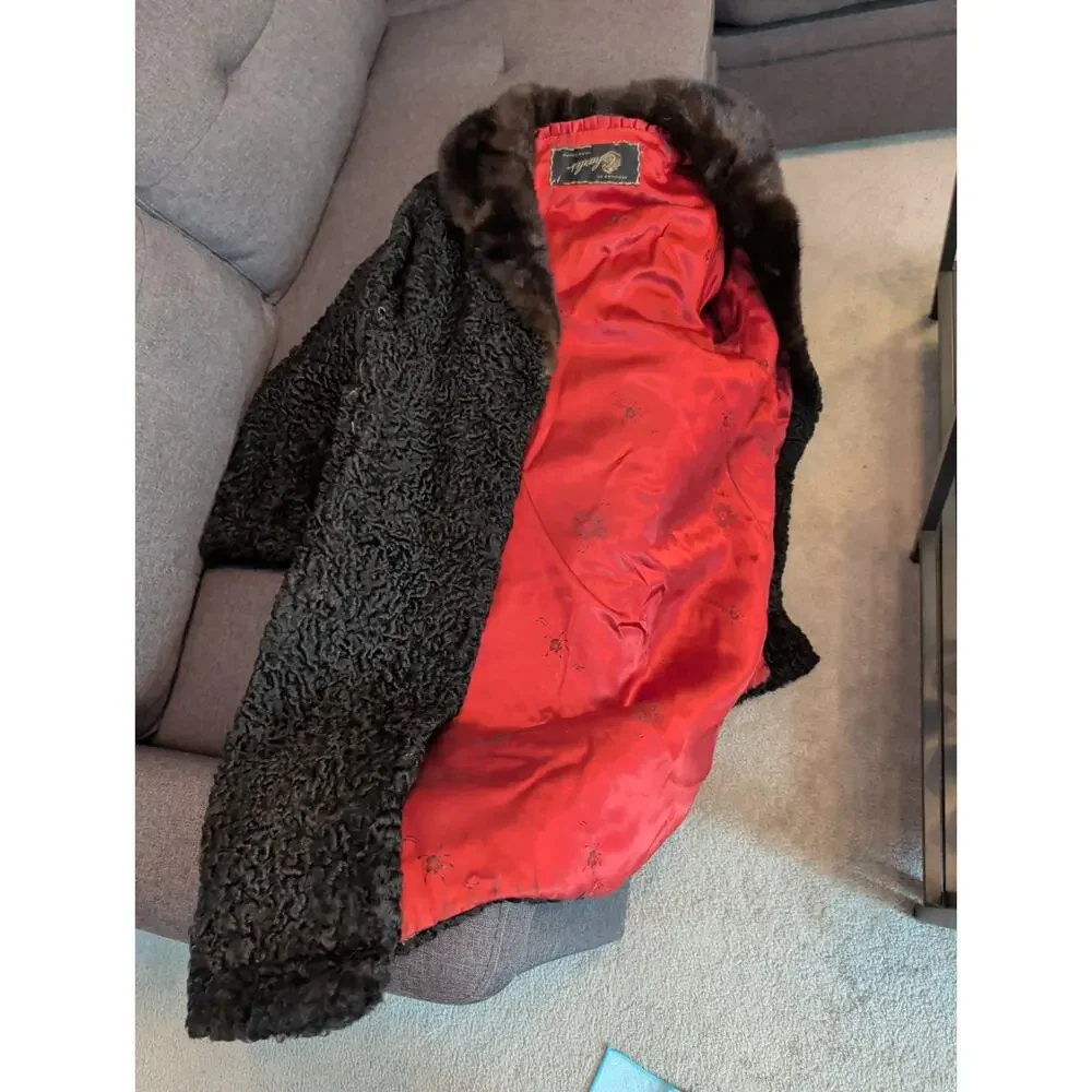 Vintage Black Curly Persian Lamb Long Jacket Coat Mink Collar 1960s FLAWS Size L